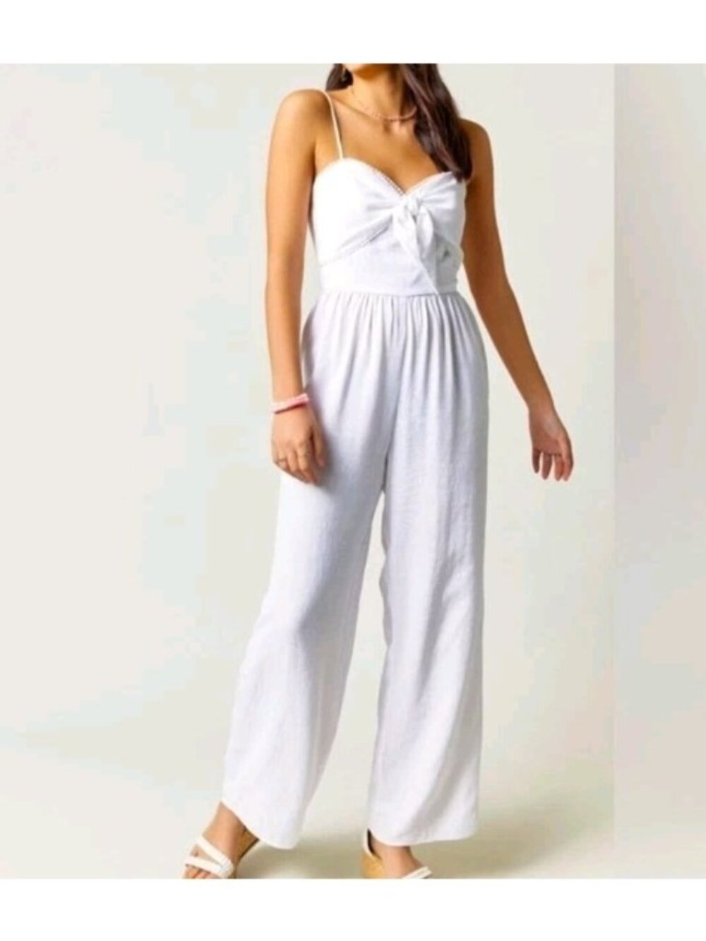 Francescas Audrey Park Small Spaguetti Stripe White Jumpsuit Romper Tie Front